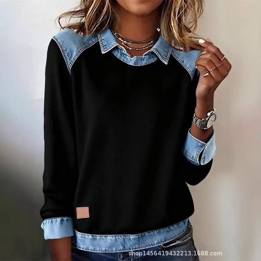 Damen nan gerippter Strickpullover mit Jeanskragen und Knopfleiste EB