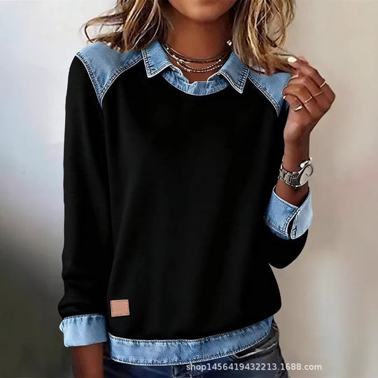 Damen nan gerippter Strickpullover mit Jeanskragen und Knopfleiste EB