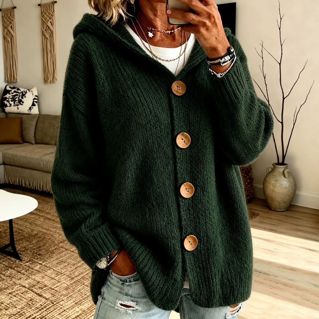 Damen Grobgestrickter Kapuzencardigan mit überlanger Silhouette, Holzknopfleiste und gerippten Bündchen EB