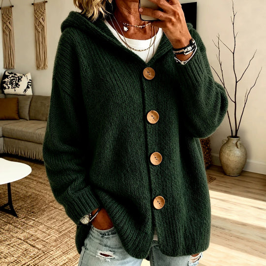 Damen Grobgestrickter Kapuzencardigan mit überlanger Silhouette, Holzknopfleiste und gerippten Bündchen EB
