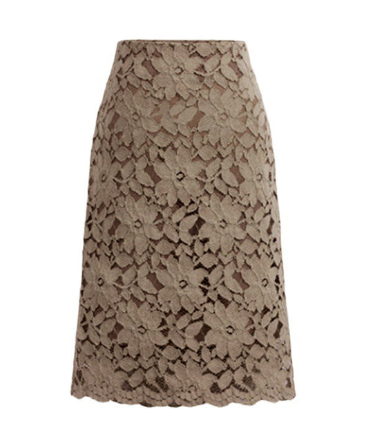 Damen nan knielanger A-Linien Spitzenrock mit floraler Applikationsspitze, hoher Taille und gewelltem Saum EB