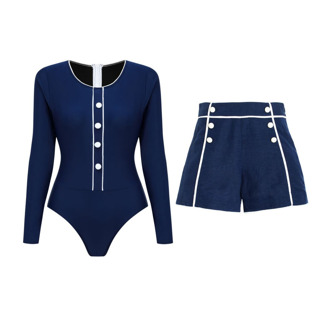 Damen Sportlicher Schwimmanzug mit Langarm und Knopfdetails EB