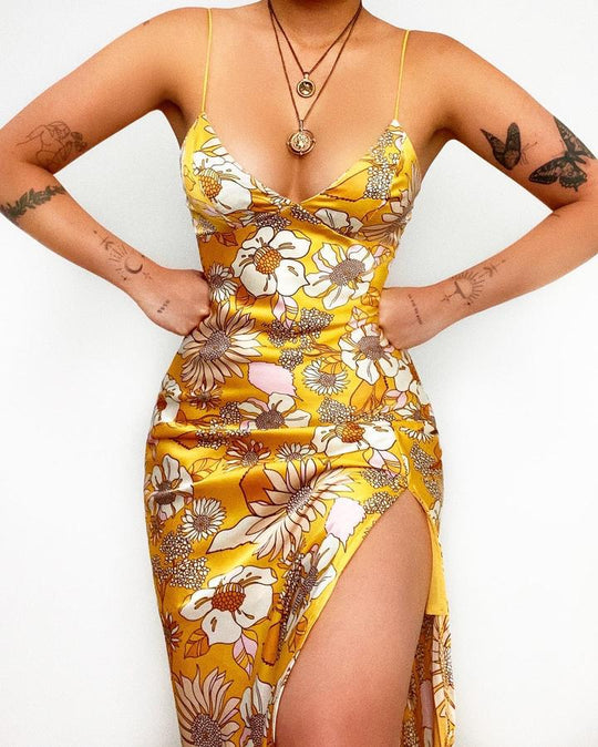 Damen Maxikleid mit tiefem V-Ausschnitt und elegantem Schlitz EB