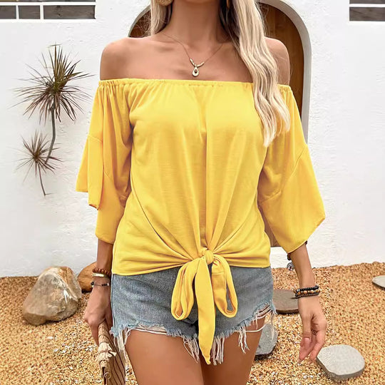 Damen Off-Shoulder Oberteil mit knotenförmigem Design und lässigen Flügelärmeln EB