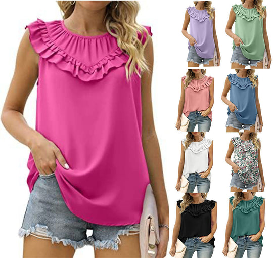 Damen leichtes Rüschenshirt mit elegantem Rundhalsausschnitt EB