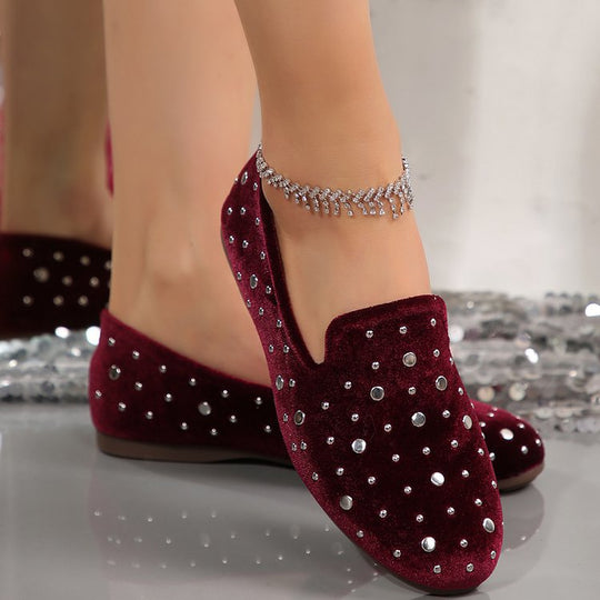Damen Slip-On Mokassins mit funkelnder Strass-Applikation und eleganter Samtoberfläche EB