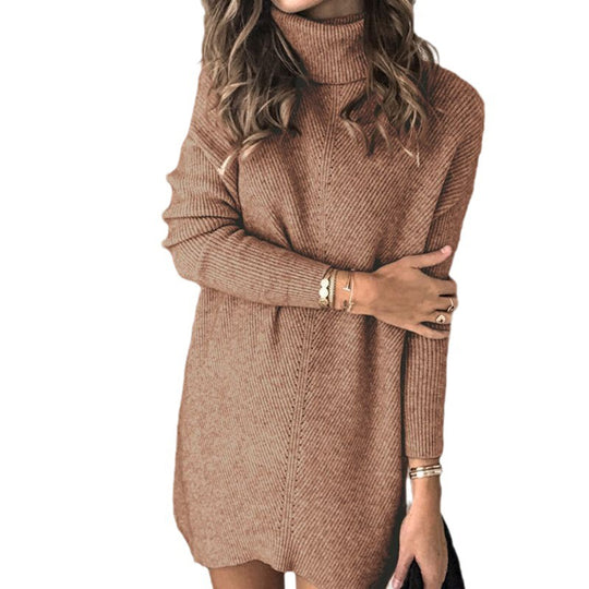 Damen Strickkleid mit hohem Kragen und strukturiertem Design EB