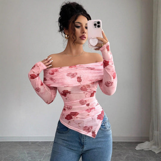 Damen nan schulterfreies gerafftes Langarm-Oberteil aus feinem Mesh mit floralem Print und taillierter Silhouette EB