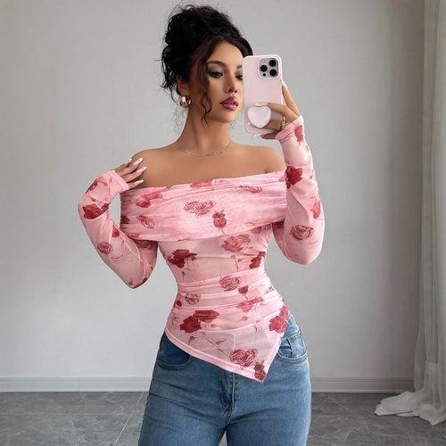 Damen nan schulterfreies gerafftes Langarm-Oberteil aus feinem Mesh mit floralem Print und taillierter Silhouette EB