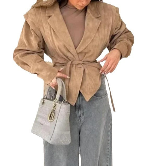 Damen Modische Wildlederjacke mit Taillengürtel EB