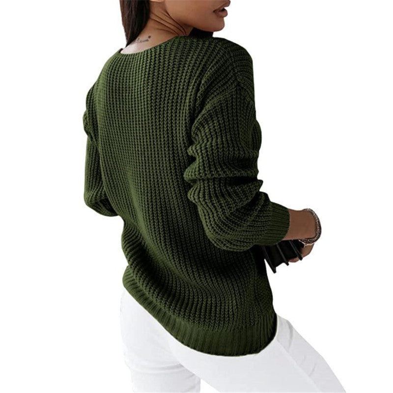 Damen nan grob gestrickter V-Ausschnitt Pullover mit Zopfmuster und lockerer Silhouette EB