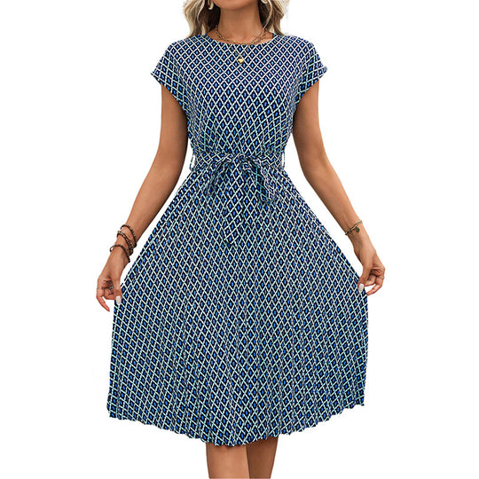 Damen Midi Sommerkleid mit bindbarem Taillengürtel und grafischem Muster EB