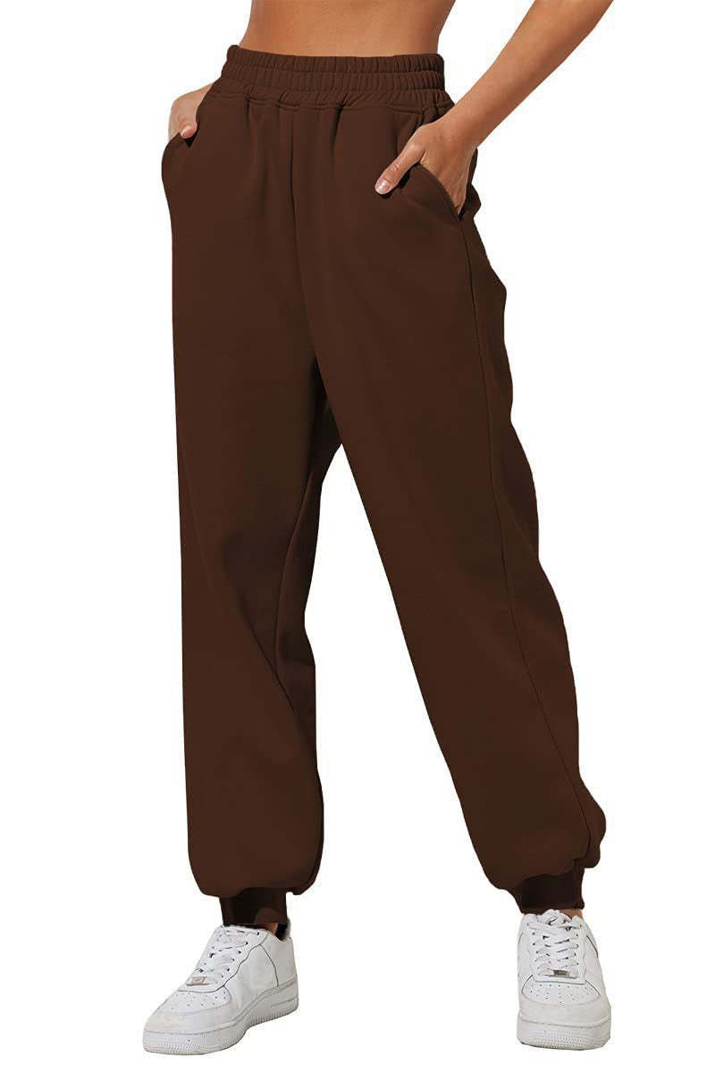 Damen nan lockere High‑Waist Jogginghose mit doppellagigem Komfortbund, seitlichen Eingrifftaschen und gerafften Knöchelbündchen EB