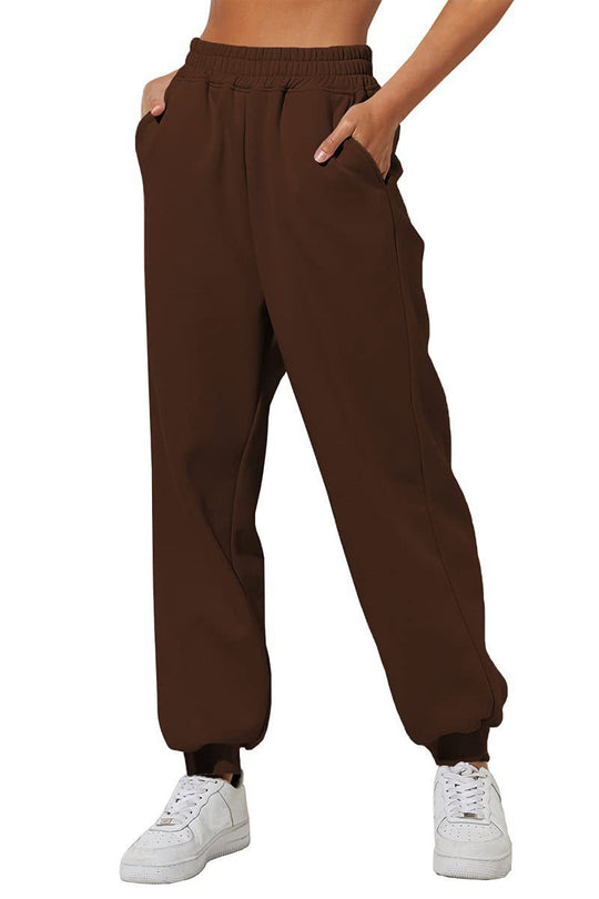 Damen nan lockere High‑Waist Jogginghose mit doppellagigem Komfortbund, seitlichen Eingrifftaschen und gerafften Knöchelbündchen EB