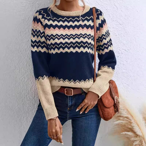 Damen Pullover mit Wellenmuster und klassischem Rundhalsausschnitt EB
