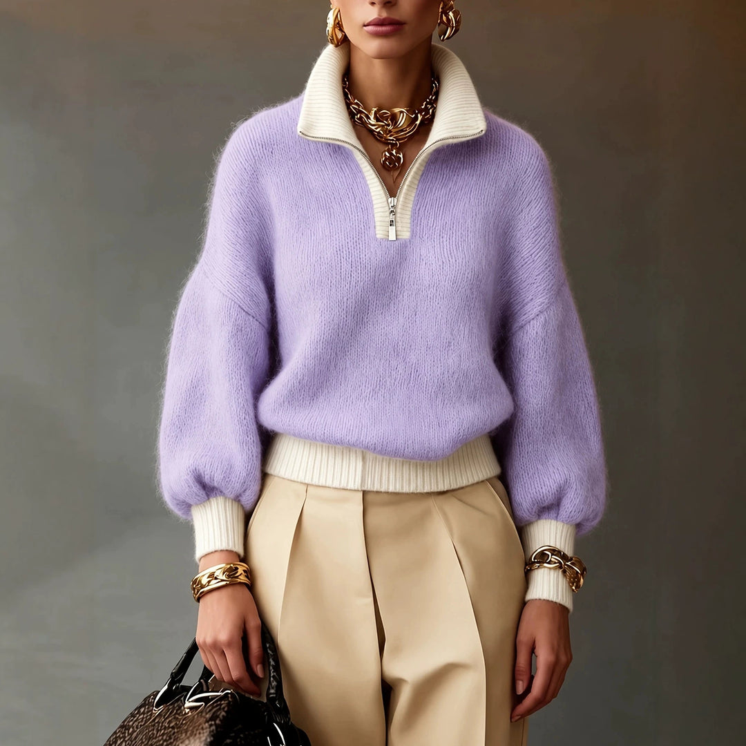 Damen Flauschiger Pullover mit halbem Reißverschluss, Stehkragen und Ballonärmeln EB