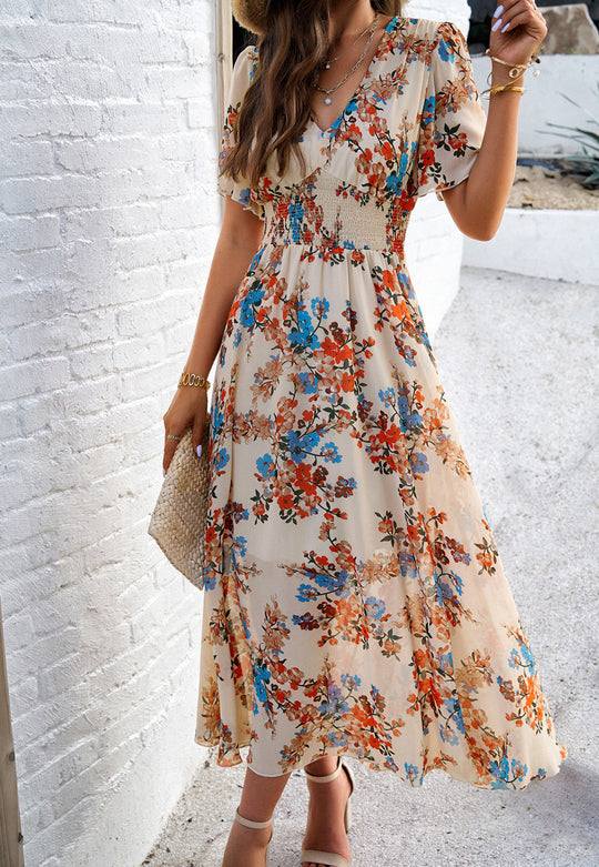 Damen Maxikleid mit floralen Details und elastischem Taillenbund EB