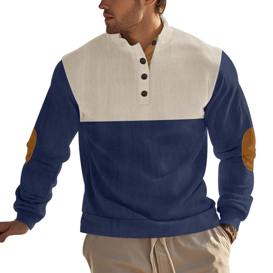 Herren nan strukturiertes Henley-Sweatshirt mit Stehkragen, Knopfleiste und Leder-Ellenbogenpatches EB