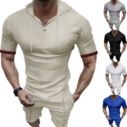 Herren sportliches Kurzarm-Hemden- und Shorts-Set mit Kapuze und kontrastierenden Ärmelabschlüssen EB