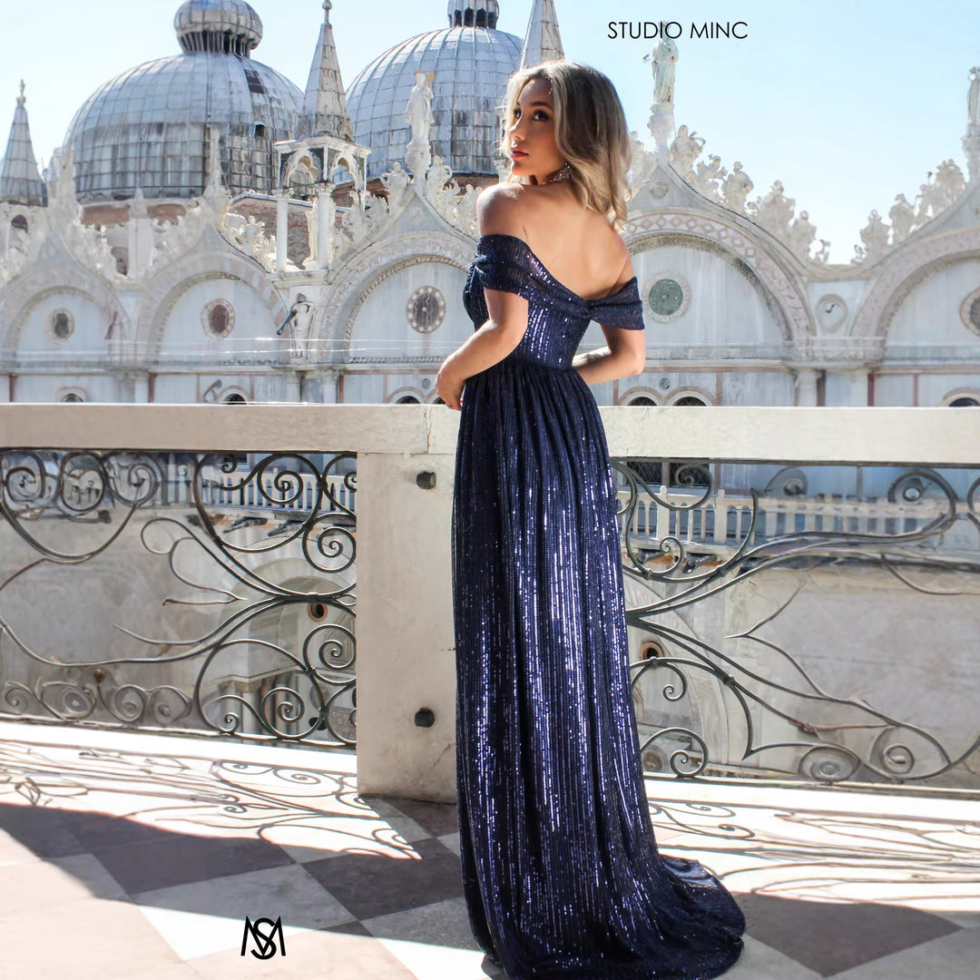 Damen Glitzerndes und schulterfreies Abendkleid mit tiefem Schlitz EB