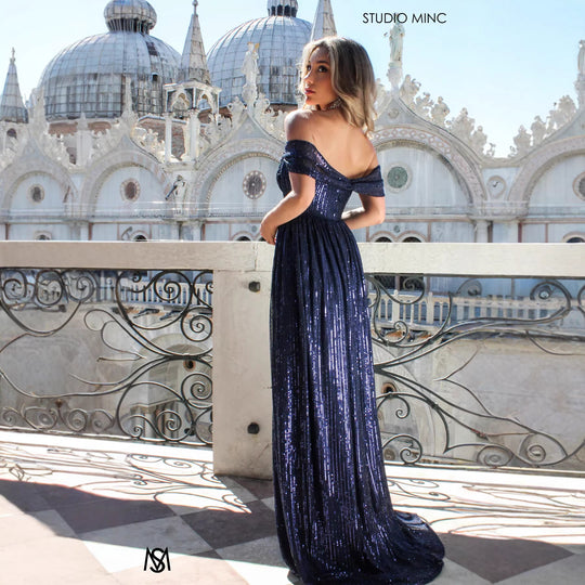 Damen Glitzerndes und schulterfreies Abendkleid mit tiefem Schlitz EB