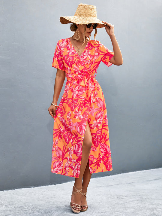 Damen Wickelmaxikleid mit floralem Muster und eleganter Schärpe EB
