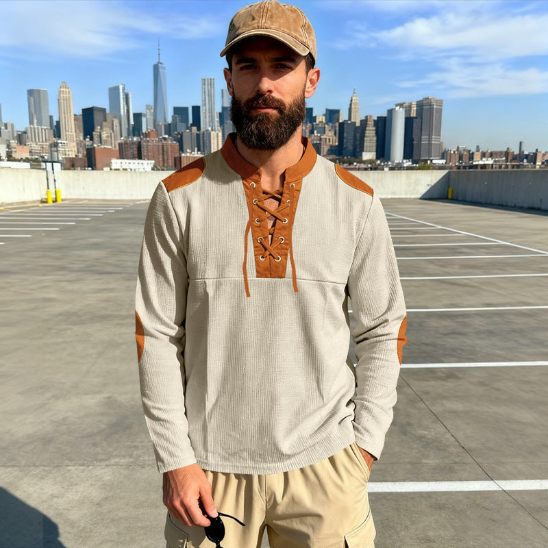 Herren Waffelstrick-Langarmshirt mit Schnürung und Kunstvelours-Ellbogenpatches EB