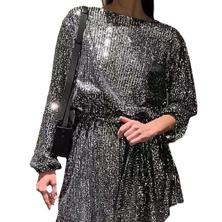 Damen Glamouröses Cocktailkleid mit funkelnden Lurex-Fäden und elastischem Taillengürtel EB