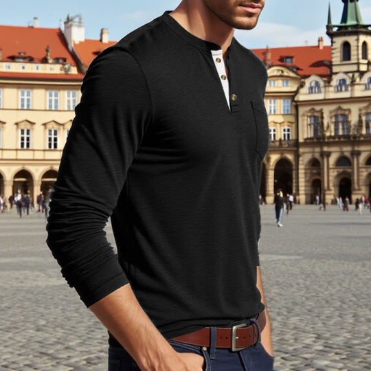 Herren Langarm-Henley-Shirt mit Knopfleiste und eleganten Akzenten EB