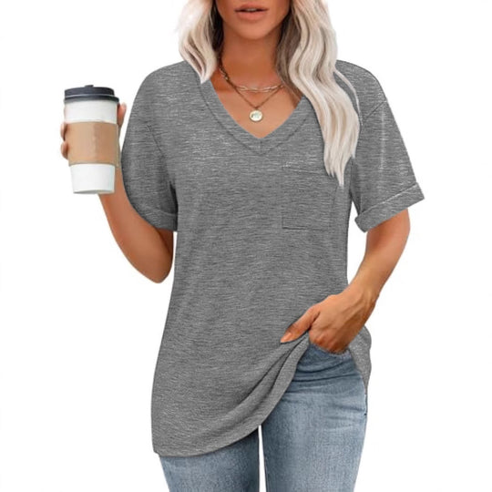Damen Viskose V-Ausschnitt T-Shirt mit Brusttasche und lässigem Schnitt EB