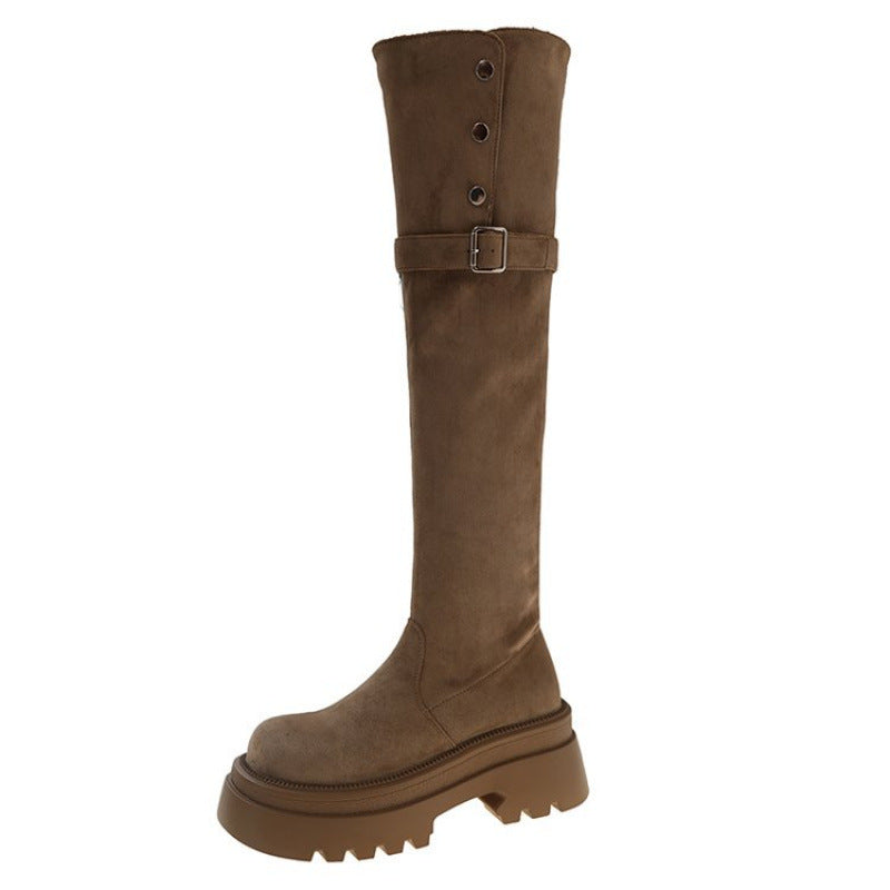 Damen Elegante Overknee-Stiefel mit modischem Riemen und Knopfdetails EB