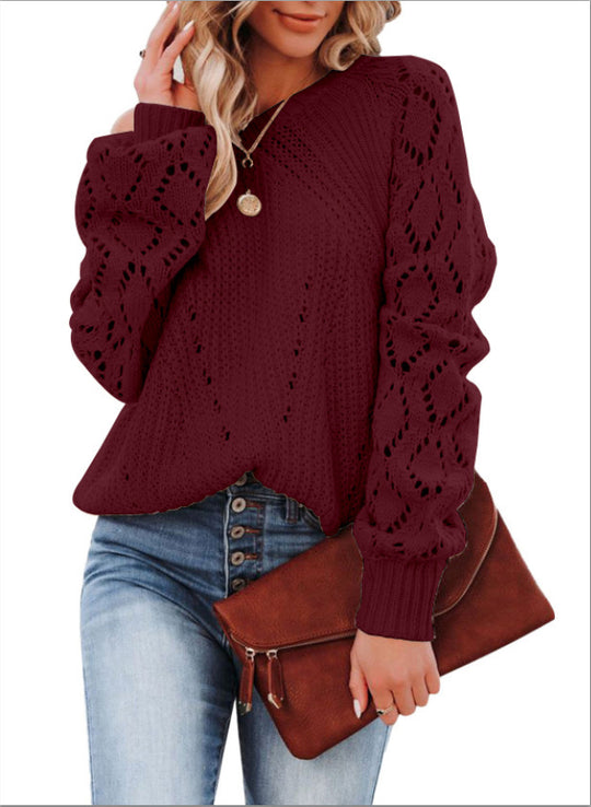 Damen Strickpullover mit dekorativer Lochmusterung und weiten Ärmeln EB