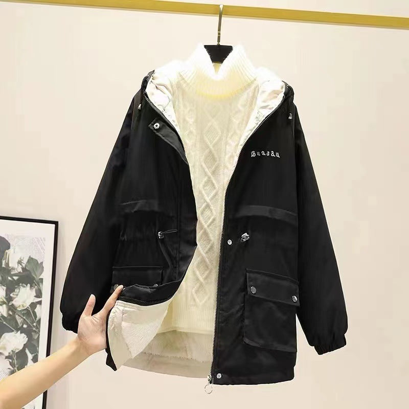 Damen gefütterte Parka-Jacke mit Kapuze und verstellbarem Taillenzug EB