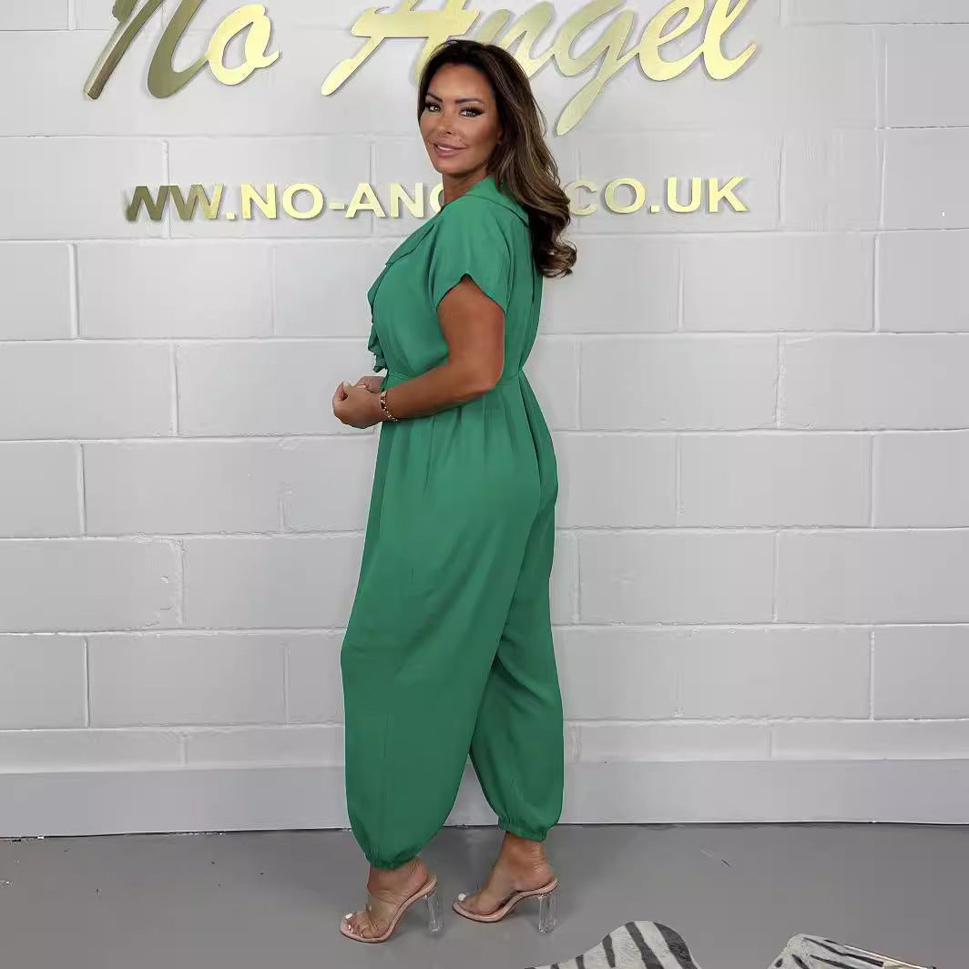 Damen Jumpsuit mit Rüschendetails und Bindegürtel EB