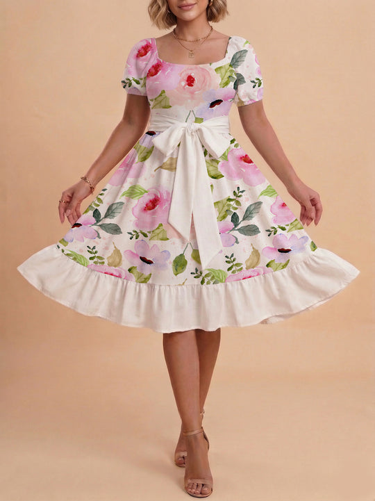 Damen A-Linien-Kleid mit floralen Motiven und taillierbarem Gürtel EB