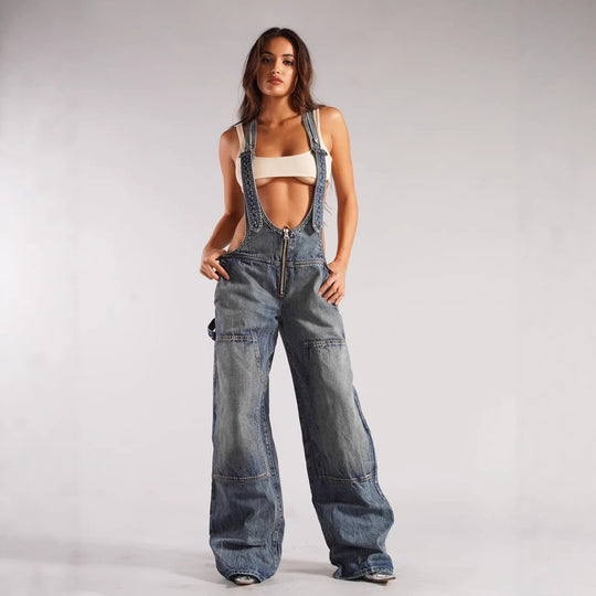 Damen lässige Denim-Latzhose mit oversized Schnitt und praktischen Taschen EB