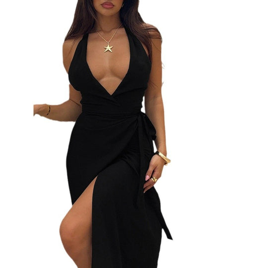Damen Wickelmaxikleid mit tiefem V-Ausschnitt und eleganter Schleifenbindung EB