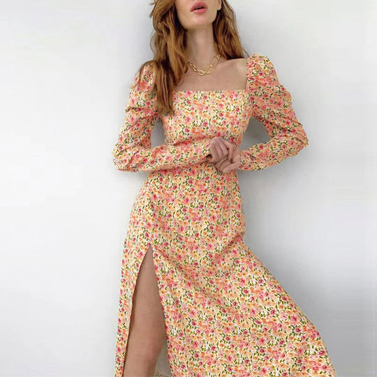 Damen Maxikleid mit ausgefallenem Blumenmuster und langen Puffärmeln EB