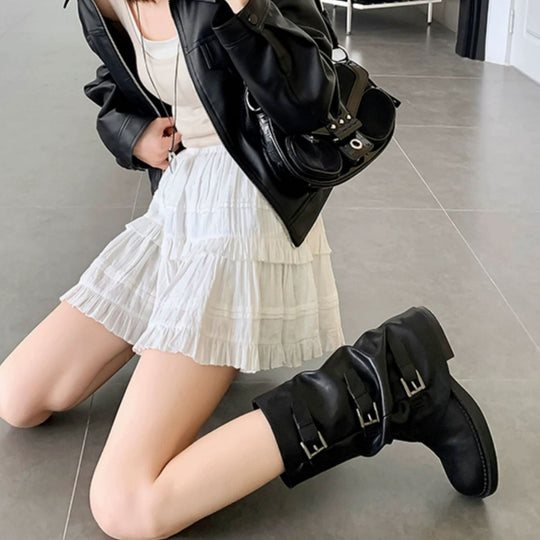 Damen modische Stiefel mit dekorativen Schnallen und robustem Profil EB