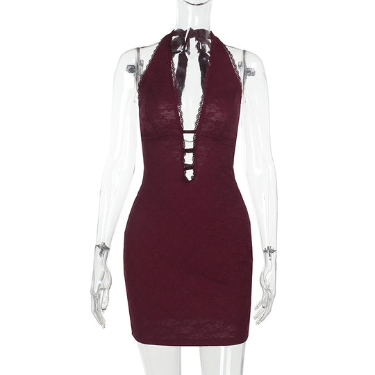Damen Sexy Mini-Kleid mit tiefem Halterneck und raffiniertem Cut-Out EB
