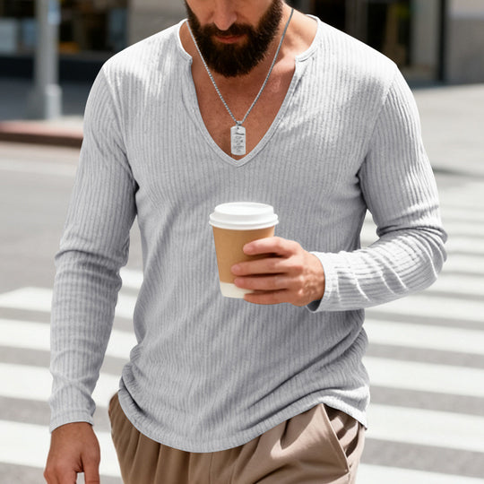 Herren nan geripptes V-Ausschnitt Langarmshirt aus leichter Baumwollmischung EB