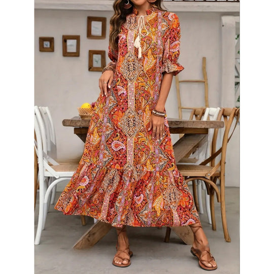 Damen Bohemian Maxikleid mit verspieltem Paisleymuster und Rüschen EB