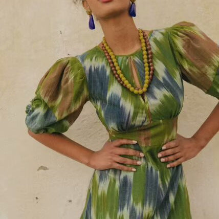 Damen Maxikleid mit eleganter Raffung und modernen Puffärmeln EB