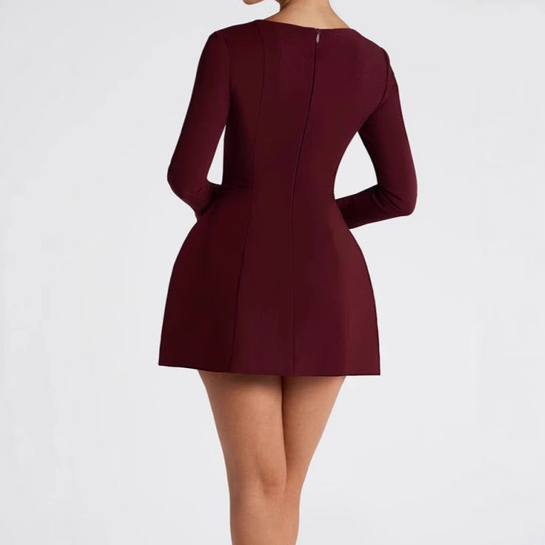 Damen Elegantes Minikleid mit Quadrat-Ausschnitt und ausgestellten Ärmeln EB