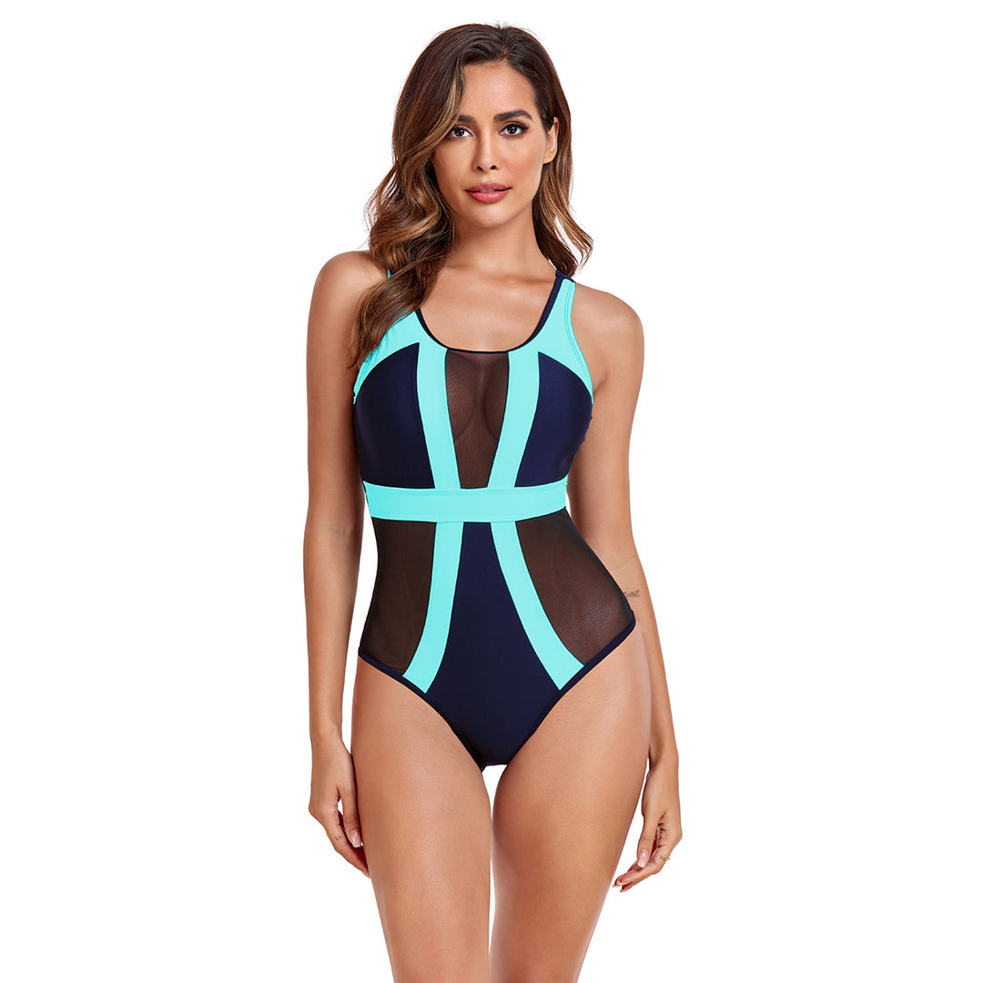 Damen Einteiliger Badeanzug mit transparenten Mesh-Einsätzen und modischem Farbblock EB