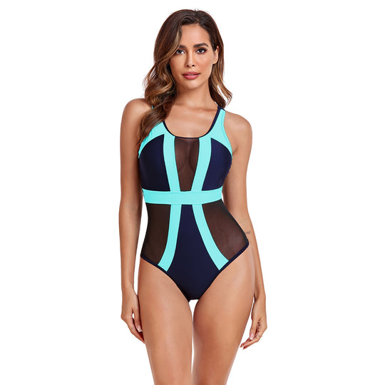 Damen Einteiliger Badeanzug mit transparenten Mesh-Einsätzen und modischem Farbblock EB