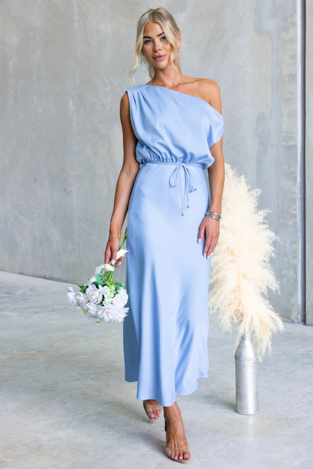 Damen Maxi-Kleid mit schulterfreiem Design und elastischem Taillenbund EB