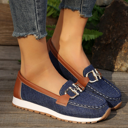 Damen  lässige Mokassin-Slipper mit dekorativer Metallschnalle, gepolsterter Innensohle und profilierter Gummilaufsohle EB