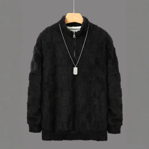 Herren nan karierter Sherpa-Halbzip-Pullover mit hohem Stehkragen und weicher Teddy-Fleece-Qualität EB