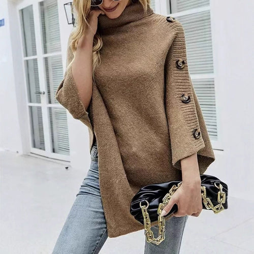 Damen Strickponcho mit hohem Kragen und dekorativen Knöpfen EB